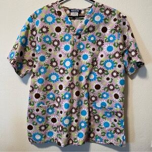 Uniform City Scrubs Women’s Size Medium Purple‎ Blue Floral Pull Over Pockets